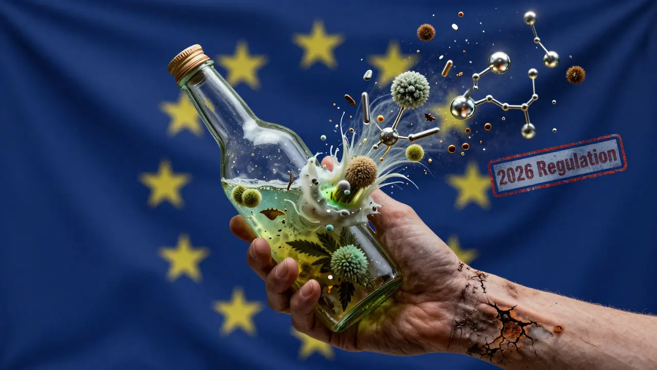 Hand hält Cannabis-Getränk, dessen Flüssigkeit sich in toxische Elemente wie Schimmelpilze und Metallpartikel verwandelt.