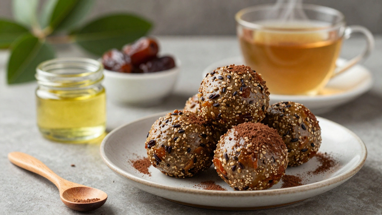 Hausgemachte Energiebällchen mit Hanf, Datteln und Kakao auf Teller