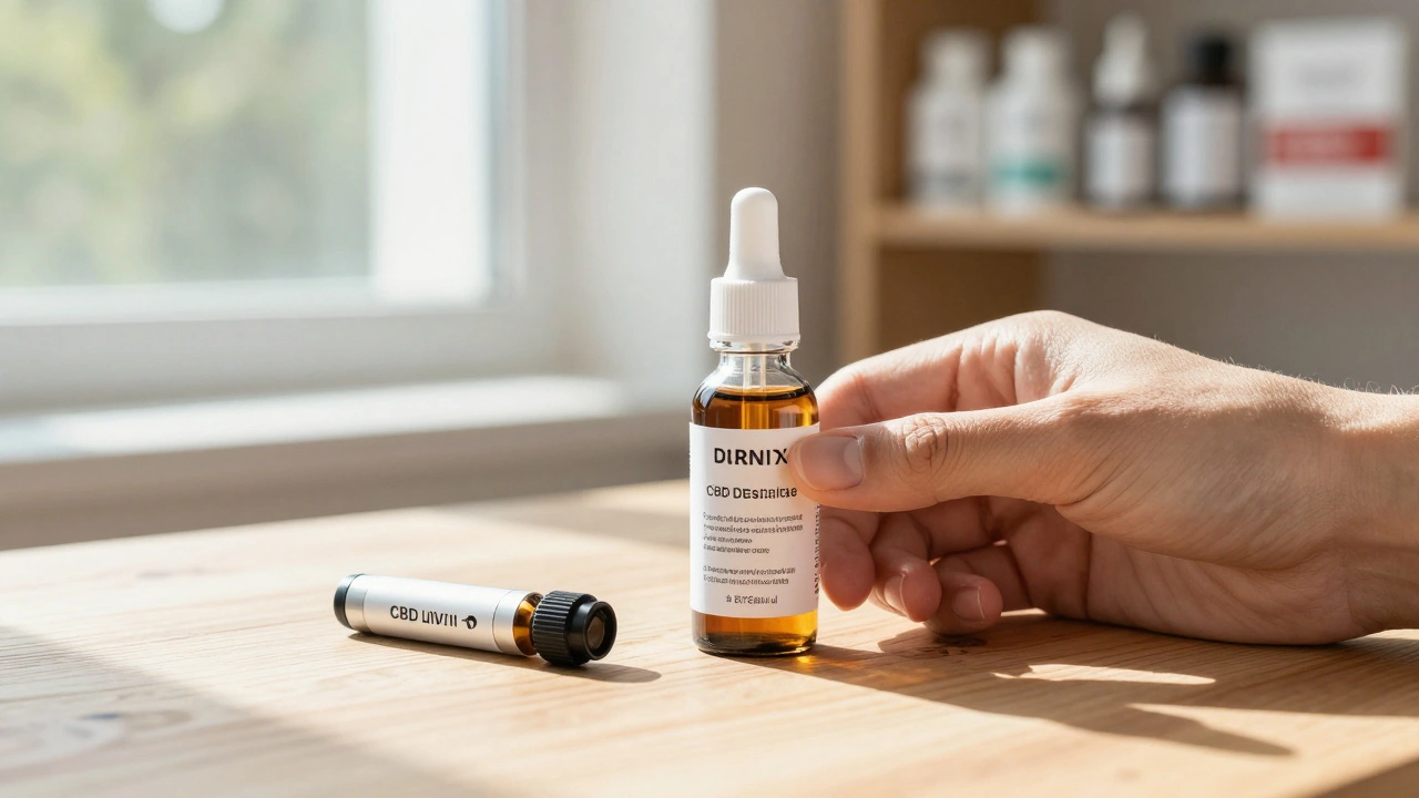 Hochwertiges Distillat-Fläschchen neben einem kaputten Billig-Vape-Stift auf Holztisch mit Tageslicht.