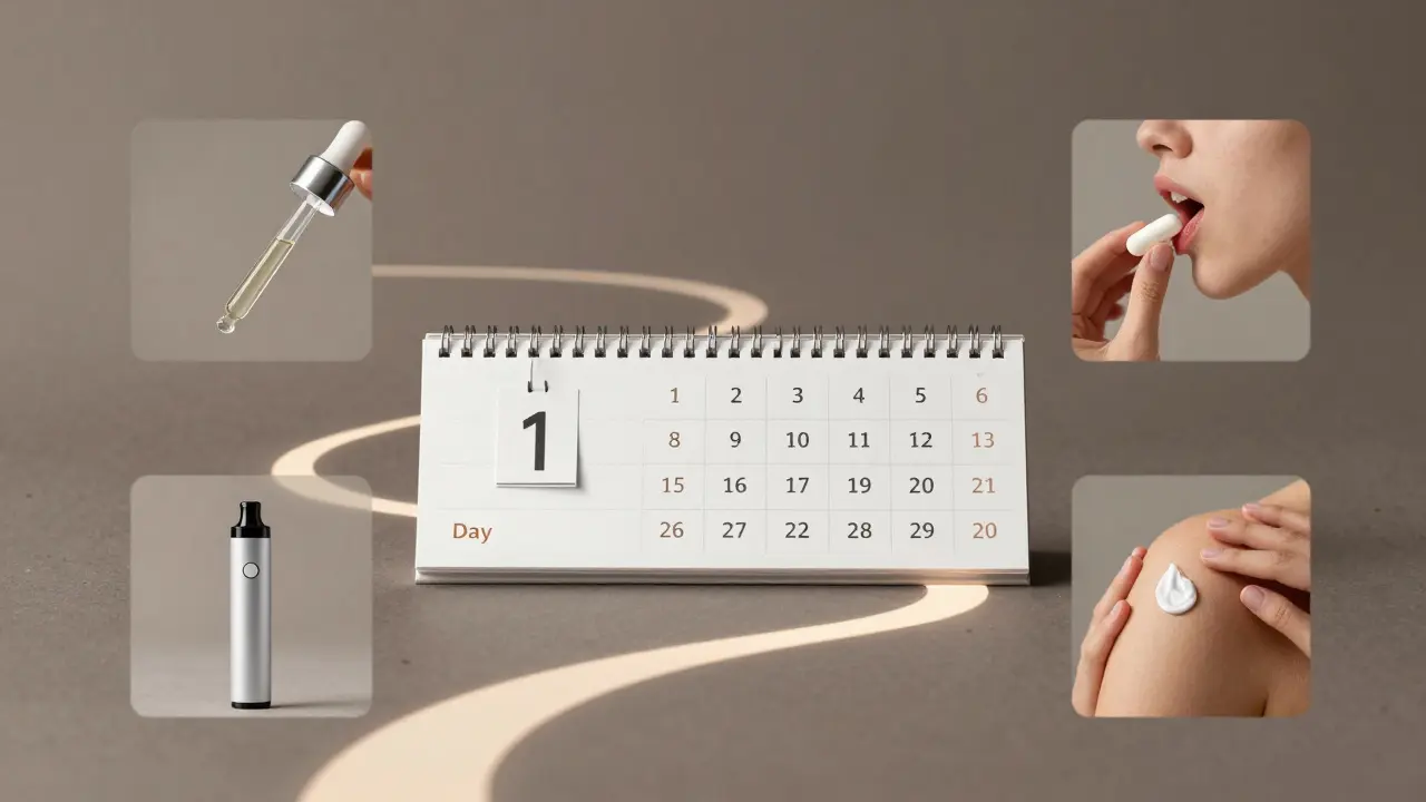 Kalender zeigt den Verlauf der CBD-Wirkung über vier Wochen mit vier Anwendungsformen.