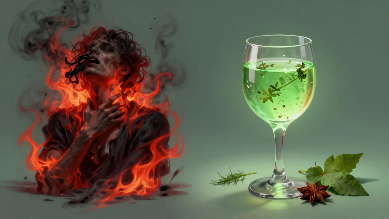 Kontrast zwischen gefährlichem direktem Trinken und harmonischer, ritualisierter Zubereitung von Absinth in geteilter Darstellung.