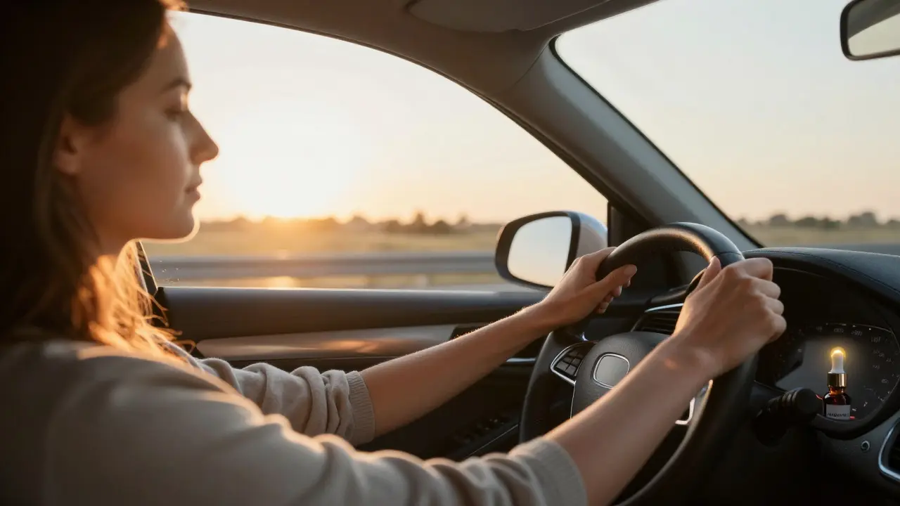 Mensch fährt ruhig auf der Autobahn bei Sonnenaufgang, CBD-Öl im Becherhalter, Frieden und Freiheit.