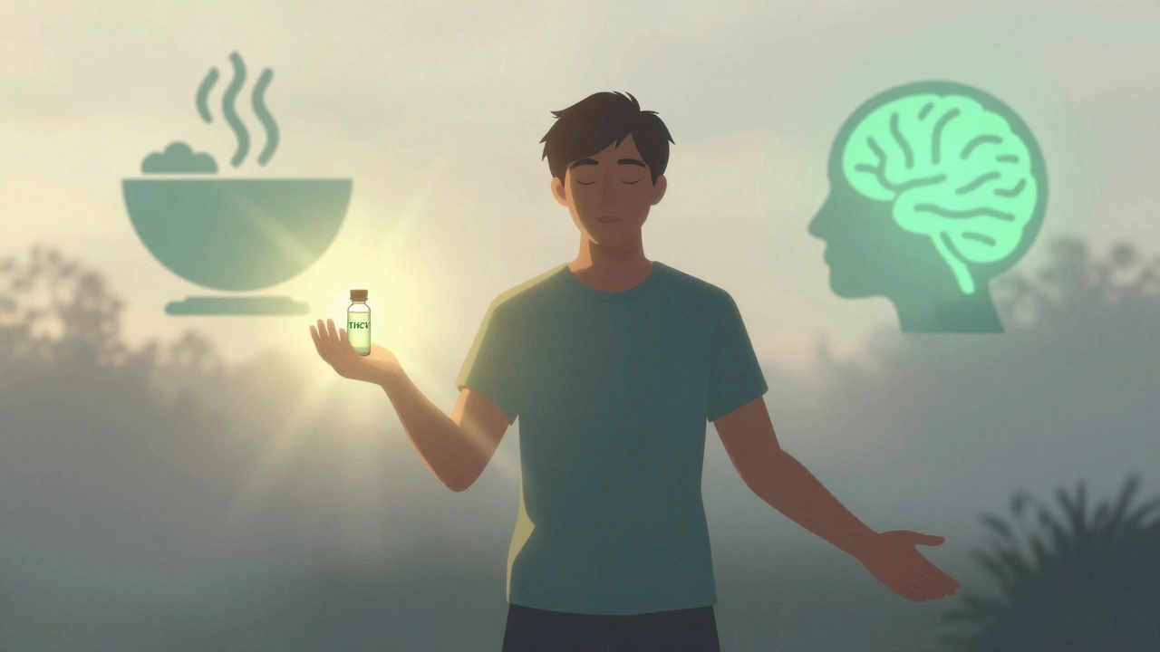 Mensch steht bei Sonnenaufgang, von einer energetischen Aura umgeben, die Fokus und Appetitzügelung symbolisiert.