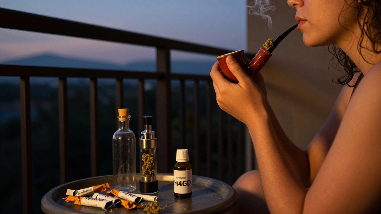 Person auf einem Balkon, die sanft H4CBD-Blüten mit einer Pfeife raucht, während Tabakreste im Mülleimer liegen.