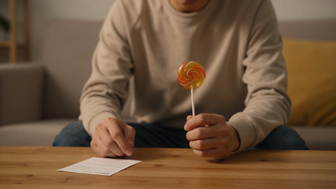 Person hält CBD-Lutscher mit Zertifikat auf dem Tisch, ruhige Abendatmosphäre.