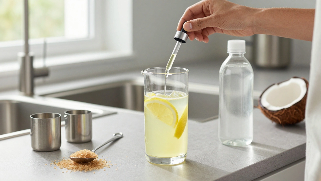 Person mischt Cannabis-Öl mit frischer Zitronenlimonade in einer Küche mit natürlichen Zutaten.