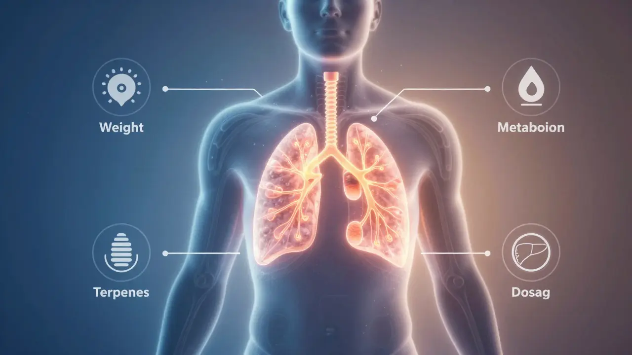 Schematische Darstellung der CBD-Aufnahme über die Lunge im Vergleich zur oralen Einnahme, mit visualisierten Stoffwechselwegen.