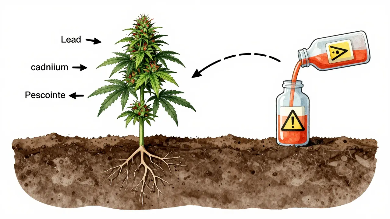 Schematische Darstellung einer Cannabis-Pflanze, die Schadstoffe aus kontaminiertem Boden aufnimmt und in ein Getränk überträgt.