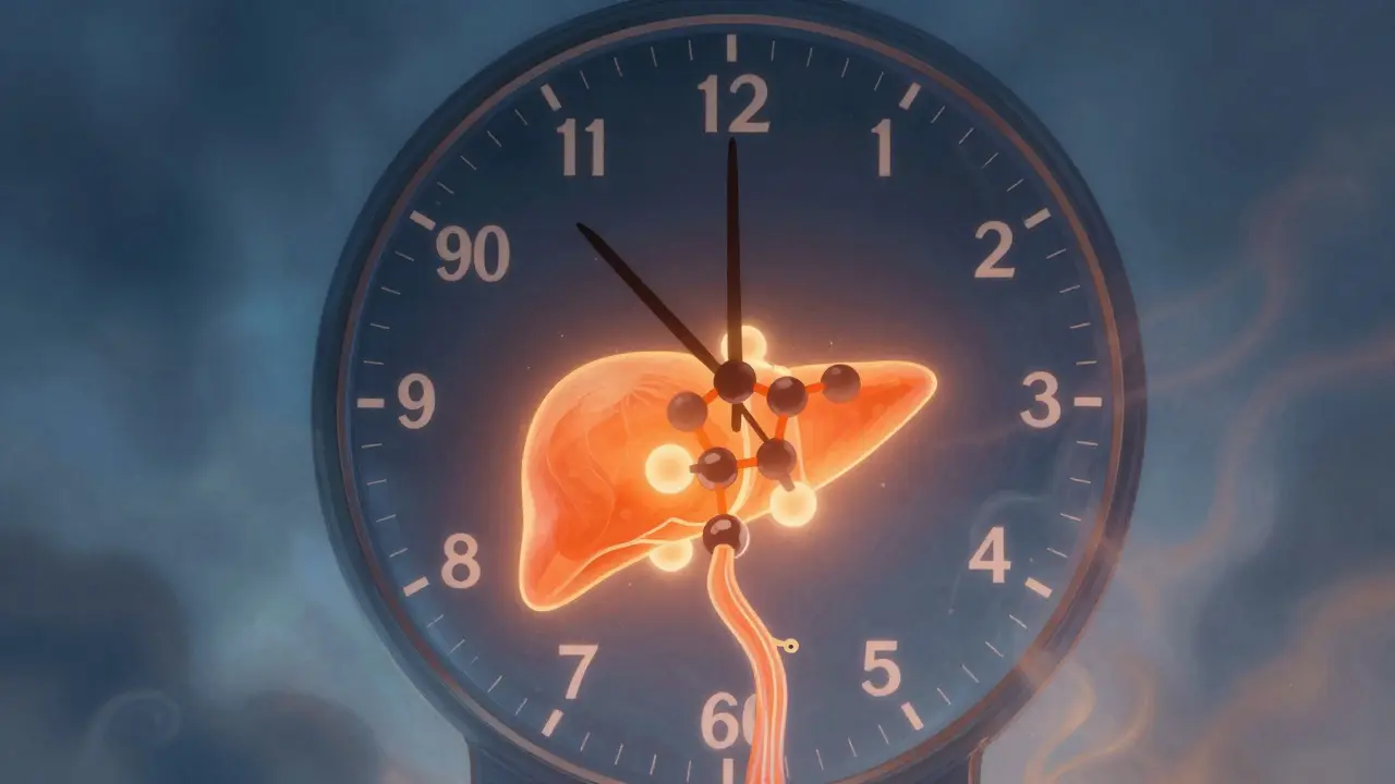 Surreale Darstellung einer Uhr mit THC-Molekül, das vom Mund zur Leber wandert.