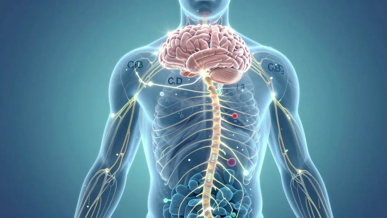 Transparent human body with glowing receptors activated by CBD molecules for balance.