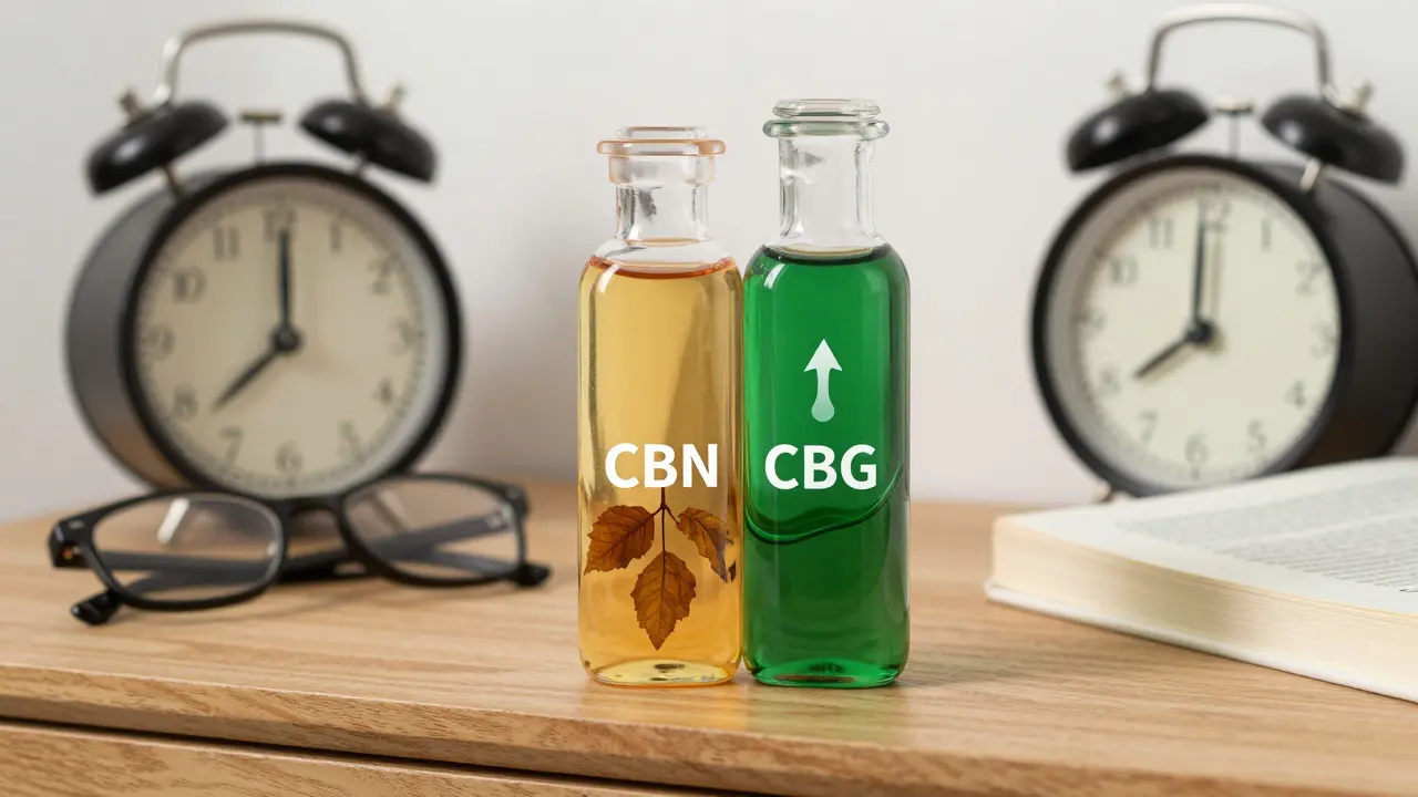 Transparente Flasche mit goldenem CBN-Fluss und grünem CBG-Wellenmuster, auf Nachttisch mit Uhr und Buch, Symbol für Schlafunterstützung.
