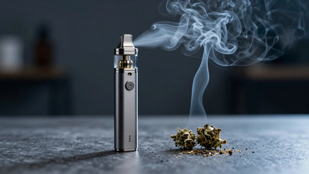 Vergleich von reinem Dampf aus einem Vape-Pen und schädlichem Rauch aus CBD-Blüten.