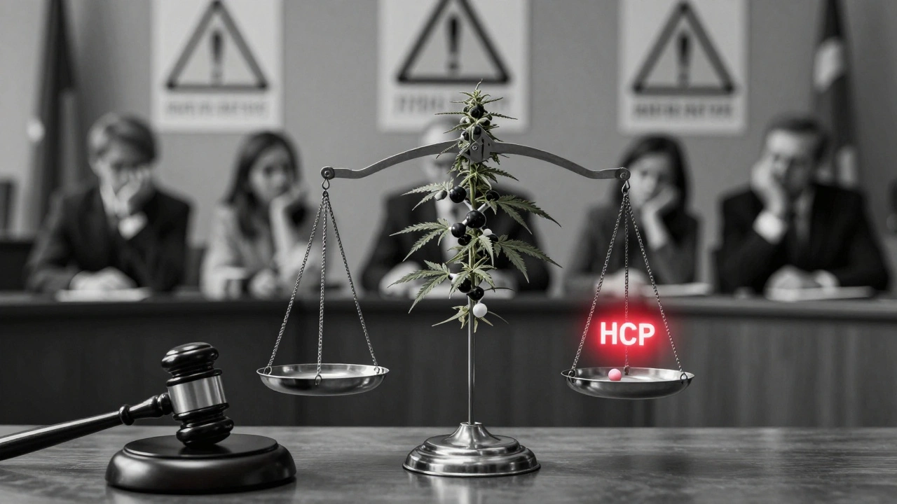 Waage mit Hanfpflanze und synthetischem HHCP-Molekül vor deutschem Gericht.