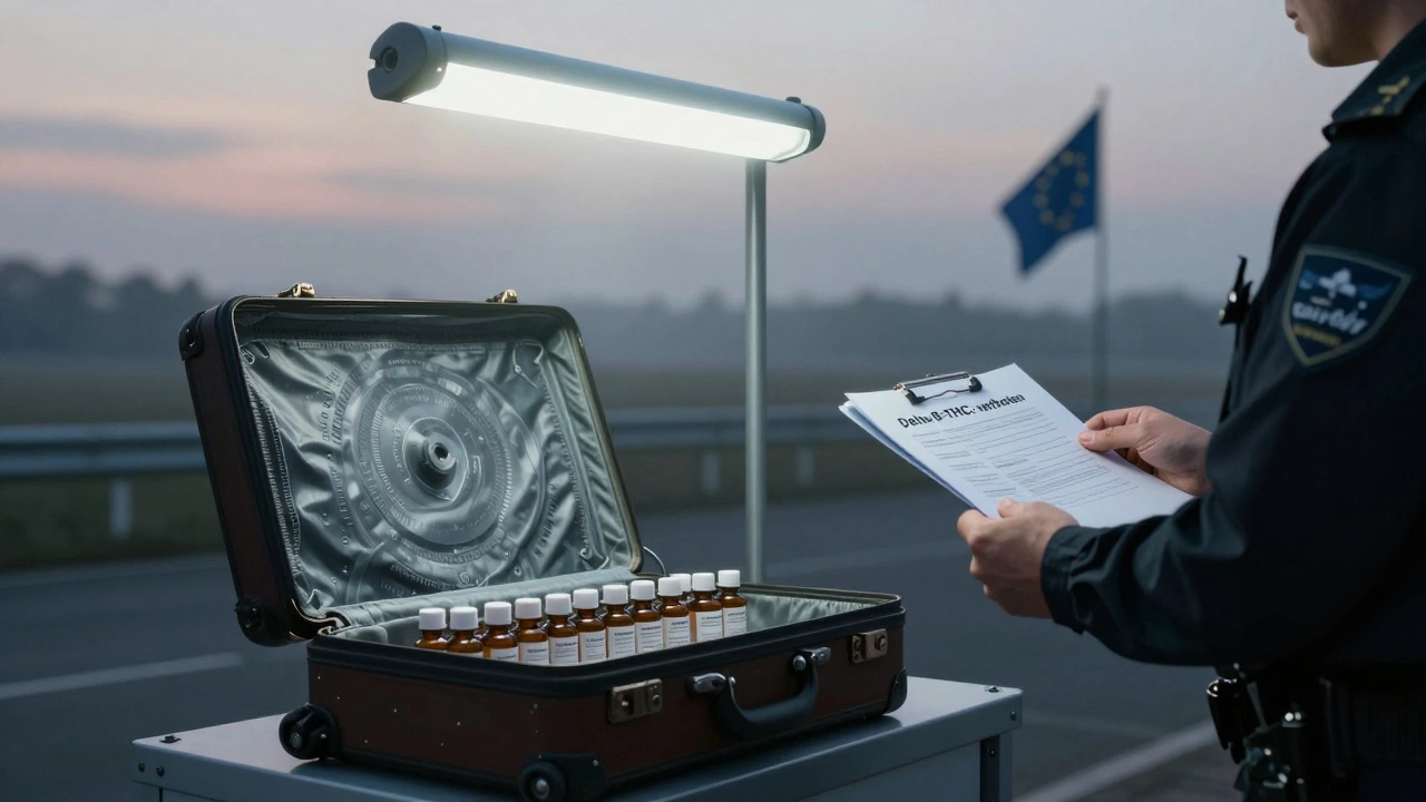 Zollkontrolle in Deutschland: Delta-8-Öl wird im Gepäck entdeckt, begleitet von einem Laborbericht mit &#039;verboten&#039;.