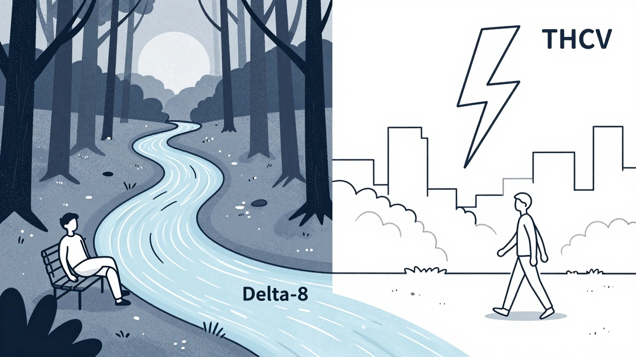 Zwei kontrastierende Wege — sanfter Fluss und schneller Blitz — veranschaulichen die unterschiedlichen Wirkungen von Delta-8 und THCV.
