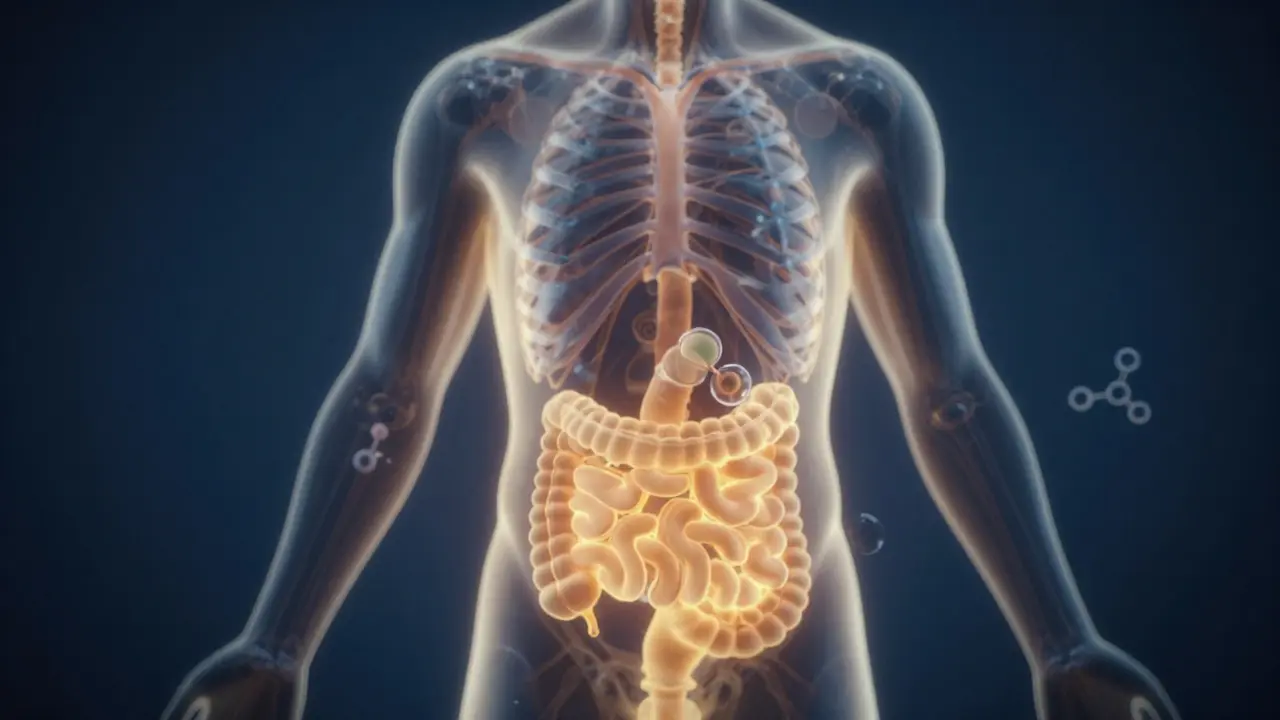 Abstrakte Darstellung der langsamen Aufnahme von CBD im Körper über mehrere Stunden.