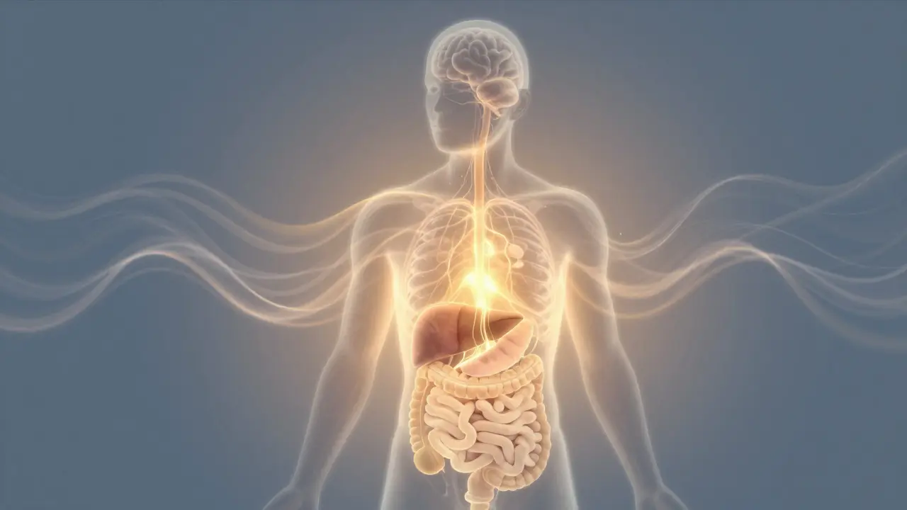 Abstrakte Darstellung von CBD, das sanft im Körper wirkt und Spannungen löst.
