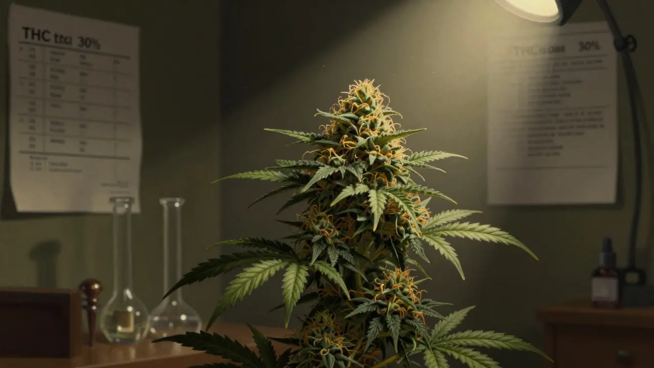 Cannabis-Pflanze mit leuchtenden Blüten in einem gedimmten Raum, goldenes Licht und Labortests im Hintergrund