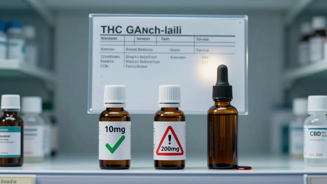 Drei CBD-Flaschen auf einer Apothekenregal, eine mit Warnzeichen und undichter Flüssigkeit, Laborbericht schwebt daneben.