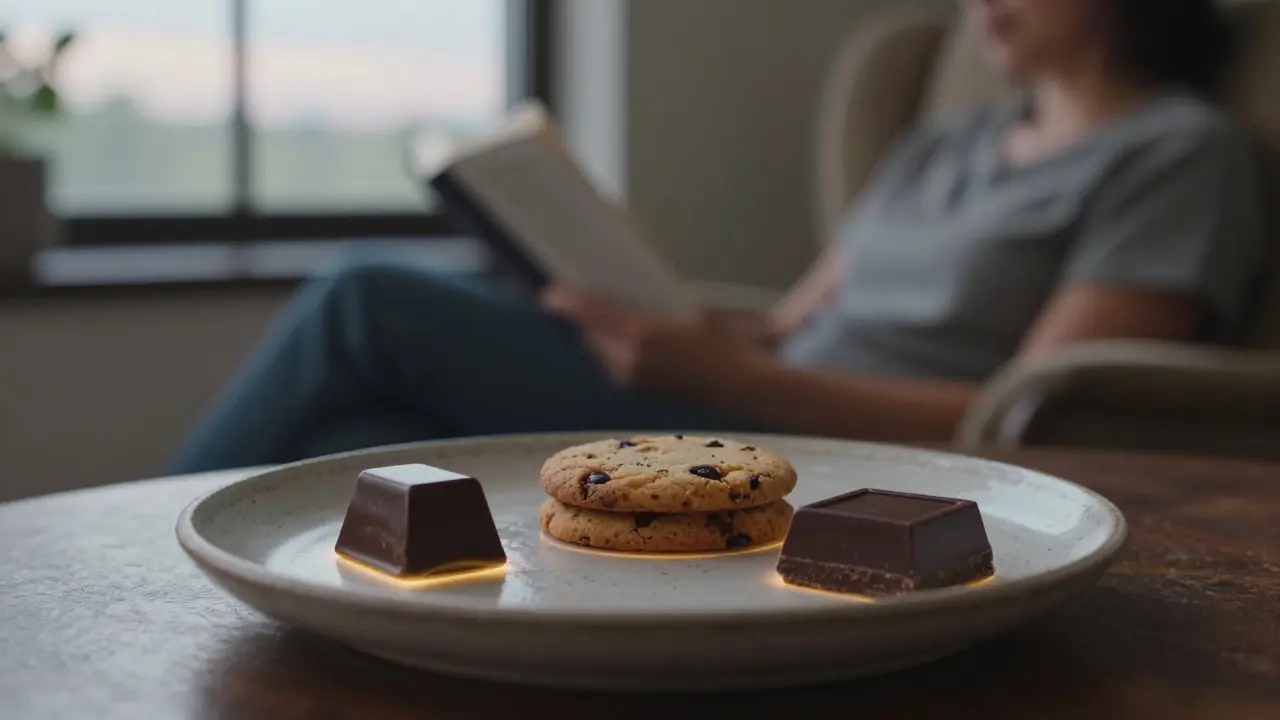 Drei CBD-Lebensmittel auf einem Teller, daneben eine Person, die entspannt liest.