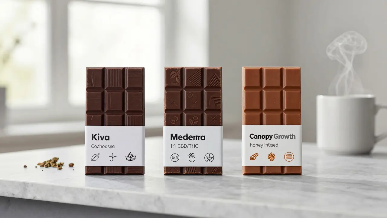 Drei hochwertige Cannabis-Schokoladenmarken nebeneinander mit klaren Dosierungsangaben.