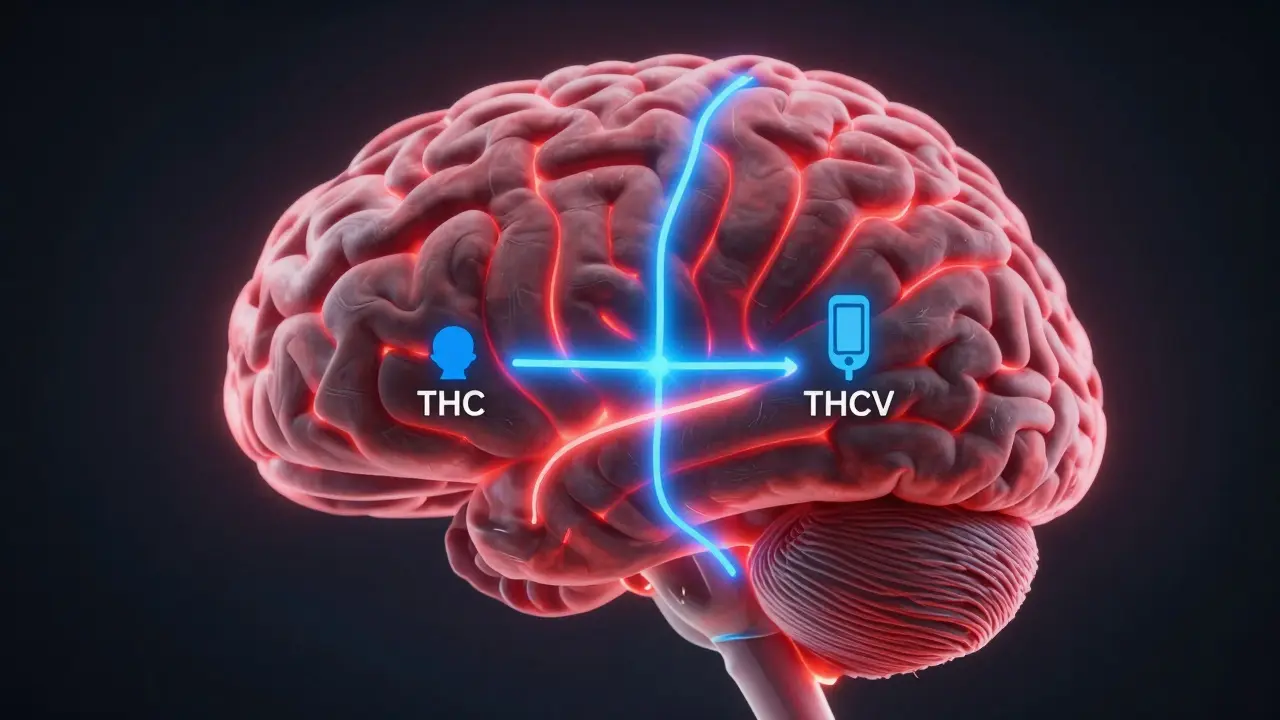 Ein beleuchtetes Gehirn mit zwei unterschiedlichen Wirkwegen: verschwommen für THC, klar und fokussiert für THCV.