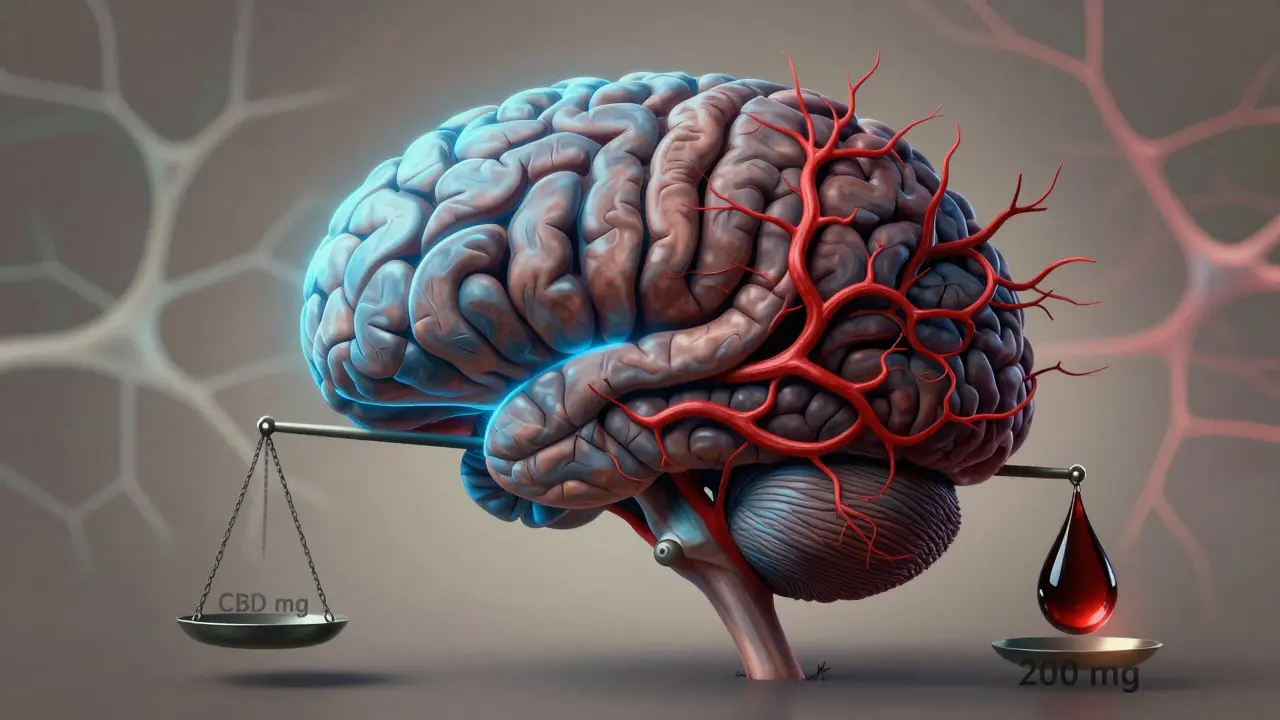 Ein Gehirn mit einem Teil in beruhigendem Blau und dem anderen in überlasteten roten Adern, symbolisiert CBD-Überdosierung.