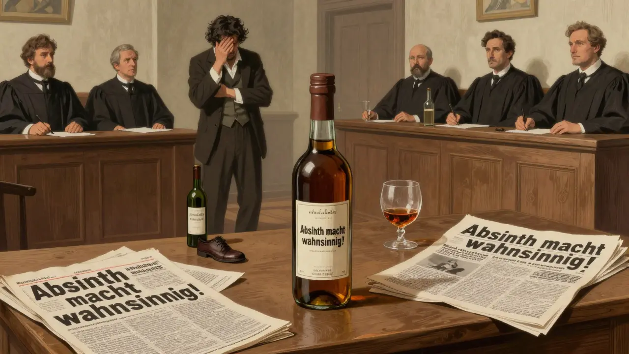 Ein Gerichtssaal der 1890er Jahre mit einer Absinthflasche auf dem Tisch und sensationalistischen Zeitungsüberschriften.