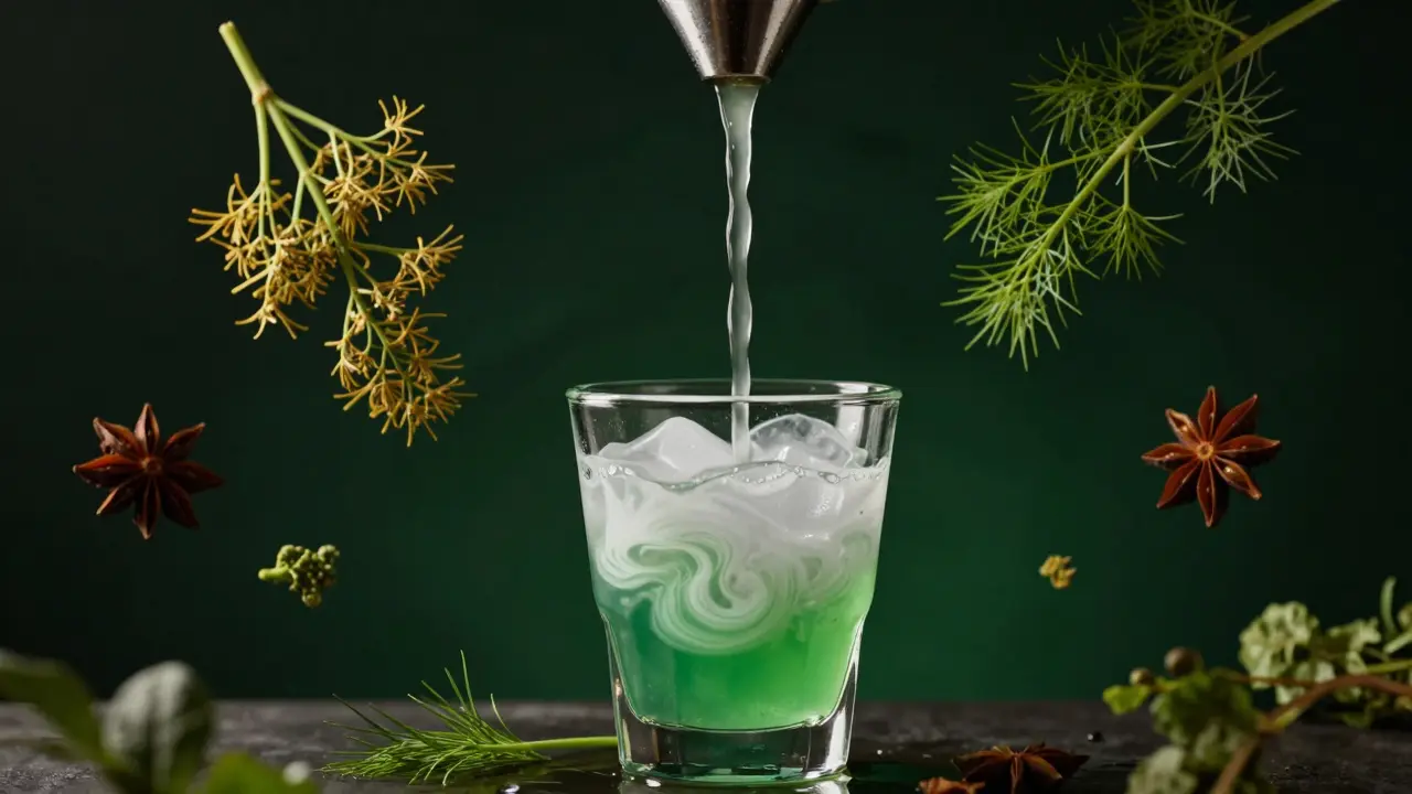 Ein modernes Absinth-Glas, das durch tropfendes Wasser milchig wird, umgeben von schwebenden Kräutern.
