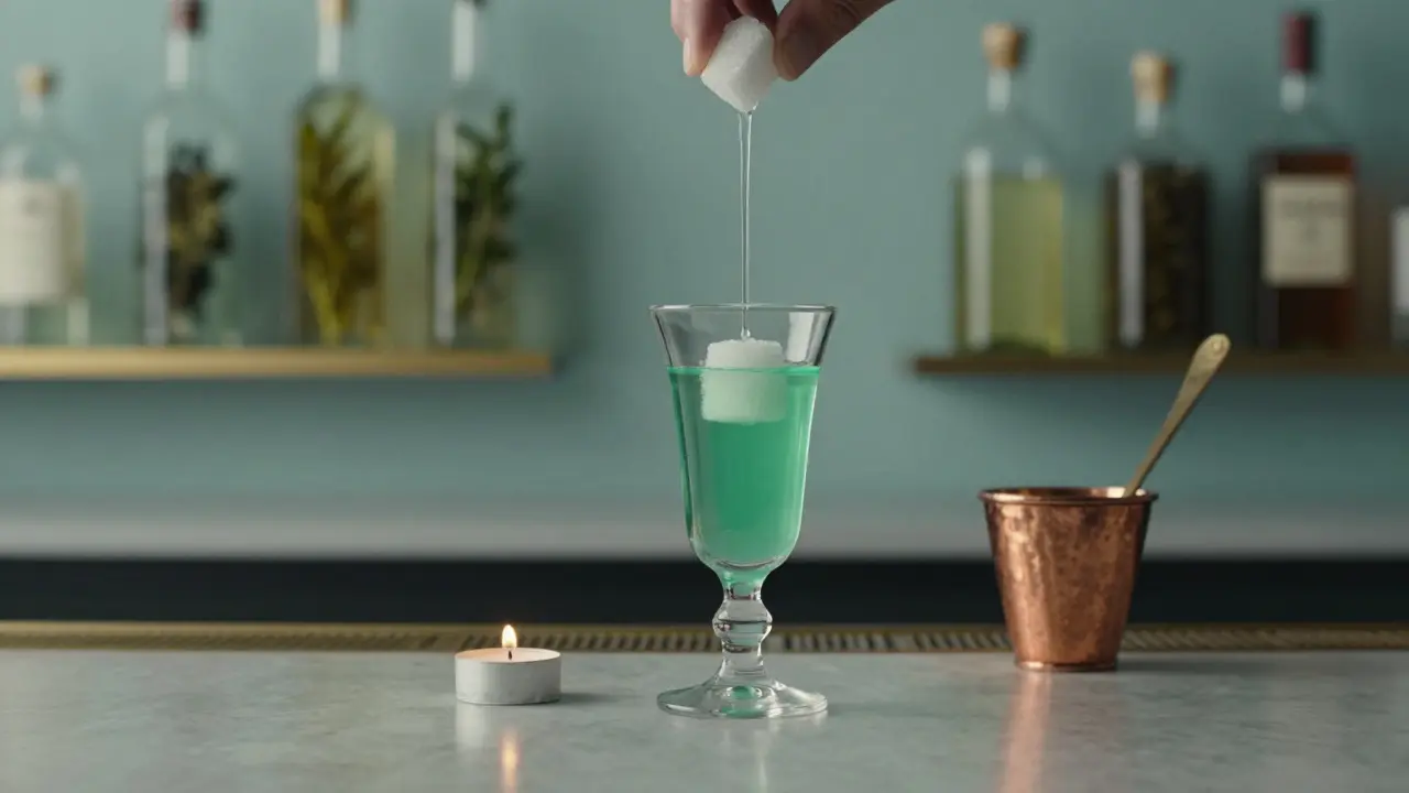 Ein modernes Absinthglas in Berlin, das durch kaltes Wasser milchig wird, mit Kupferlöffel und Zuckerwürfel, sanft beleuchtet von Kerzenlicht.