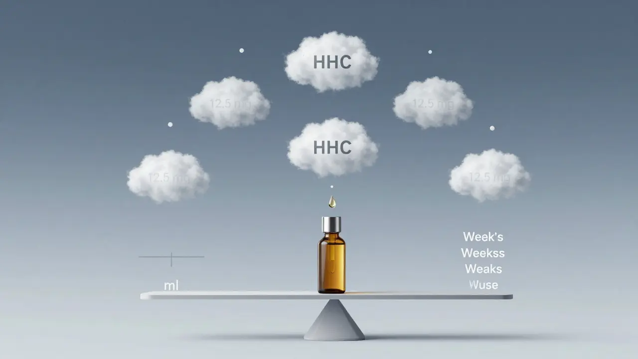 Ein Tropfen HHC-Öl verwandelt sich in 80 Dampfwolken, jede mit Dosierungsmarkierung, in einem sanften Himmel.