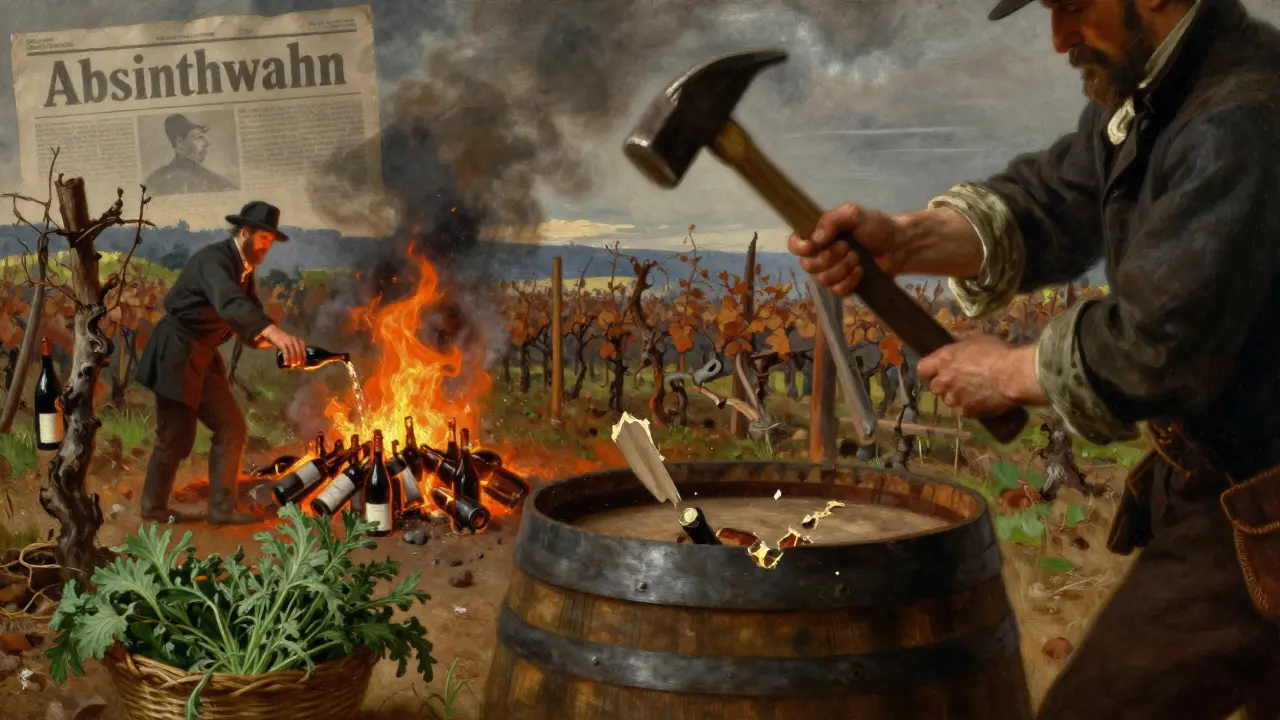 Ein Weinfaß wird in einem französischen Weingut zertrümmert, während Absinthflaschen verbrannt werden, Rauch steigt auf, Hintergrund: verwelkte Reben.