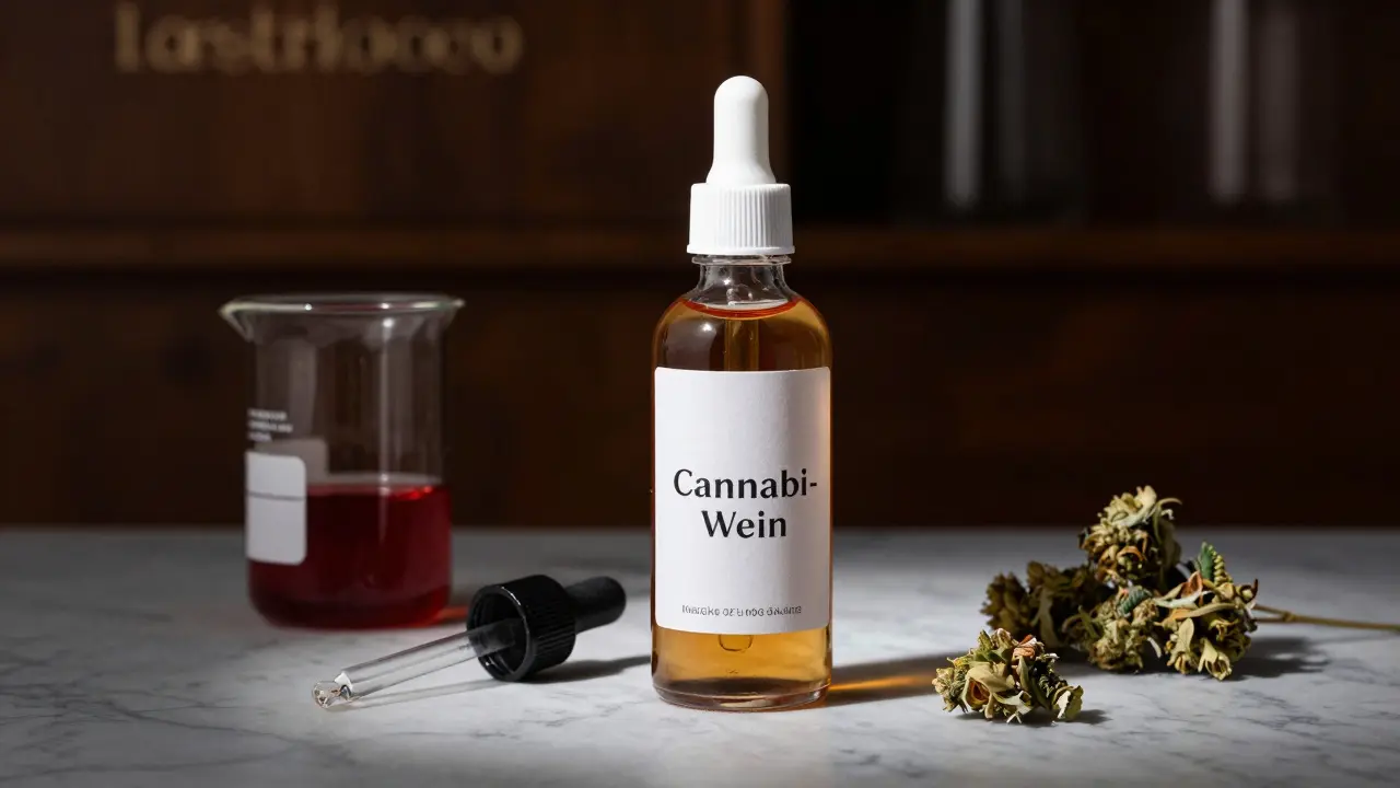Eine edle Flasche Cannabis-Wein mit Laborutensilien und extrahiertem Cannabis-Extrakt auf Marmor.
