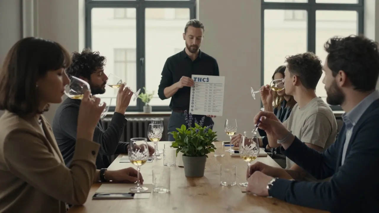 Eine Gruppe von Personen bei einer Cannabis-Wein-Verkostung in einem modernen Loft.
