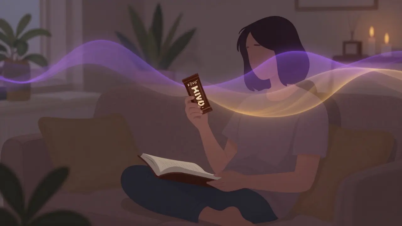 Eine Person entspannt auf dem Sofa, umgeben von sanften, farbigen Wellen des THC-Effekts.