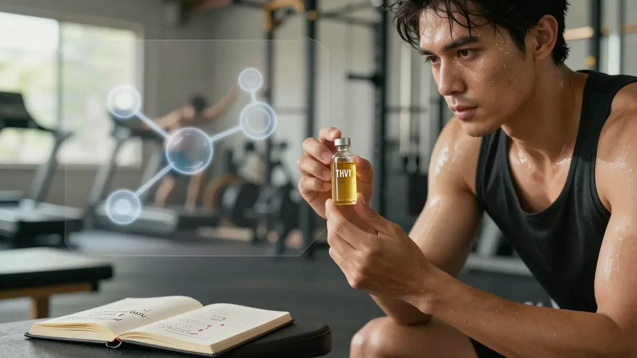 Eine Person trainiert im Gym, hält eine THCV-Flasche, im Hintergrund sichtbare mentale Fokussierungssymbole.