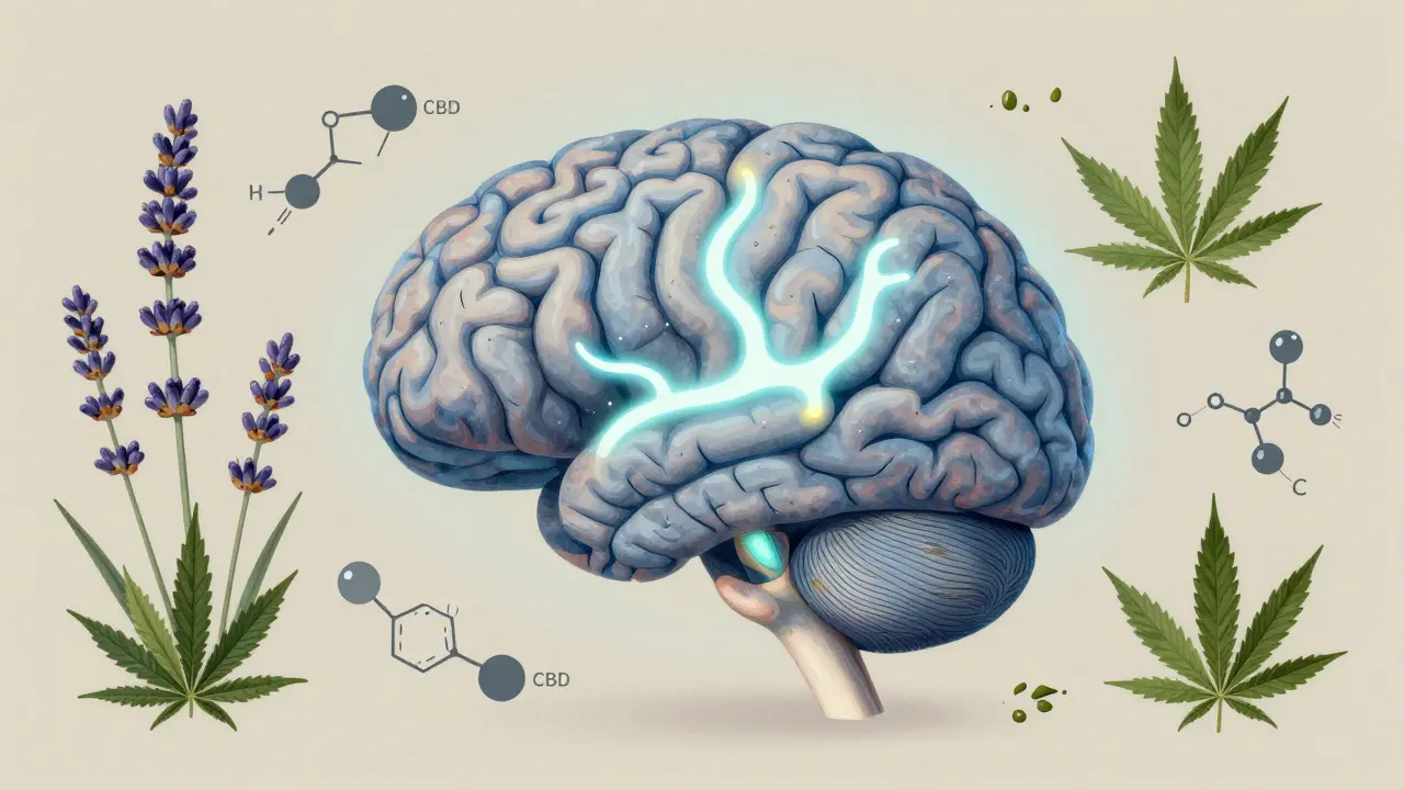 Gehirn mit leuchtenden neuralen Pfaden und natürlichen Elementen, die die beruhigende Wirkung von CBD symbolisieren.