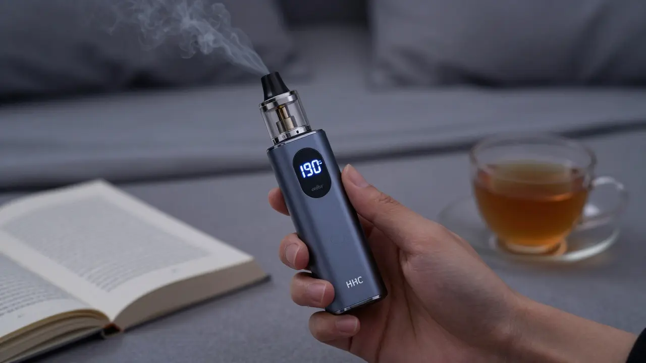 Hand mit hochwertigem Vape-Gerät, das bei 190°C sanften Dampf abgibt, in einem ruhigen Abendzimmer.