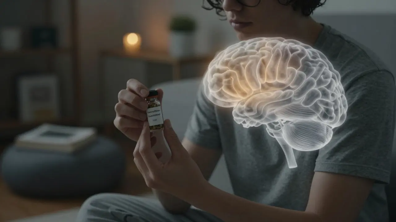 Junge Person hält bio-zertifiziertes Kraut, während ein transparentes Gehirnbild die Hippocampus-Region verändert zeigt.