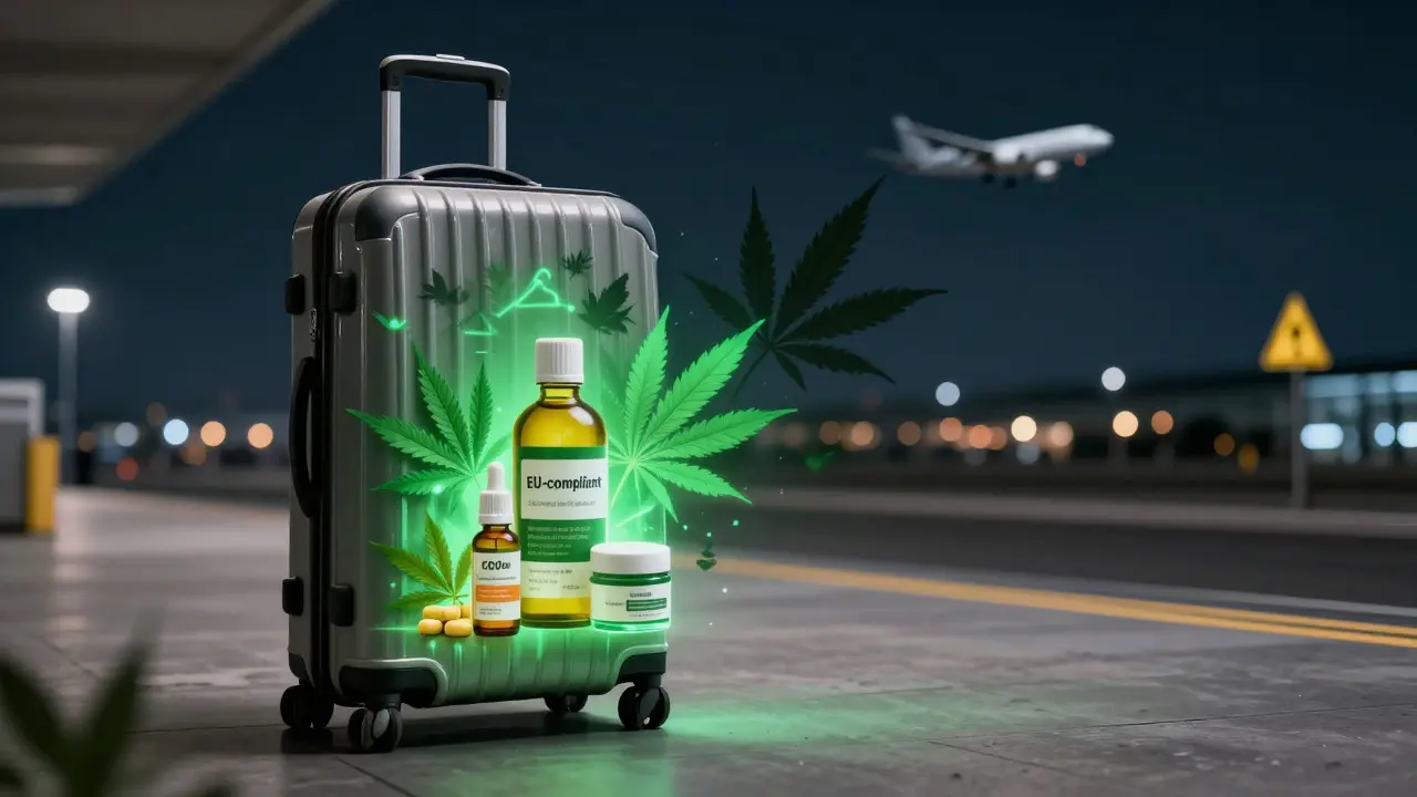 Koffer mit legalen CBD-Produkten strahlt grün, während bedrohliche Schatten von Cannabisblüten verschwinden.