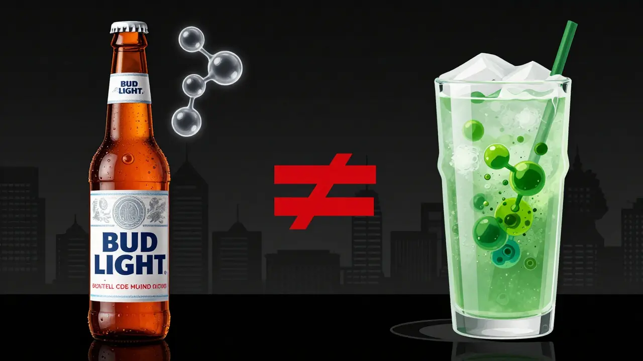 Konzeptuelles Bild: Bud Light mit Alkoholmolekülen links, CBD-Getränk mit Cannabinoiden rechts, getrennt durch ein rotes Ungleichheitszeichen.