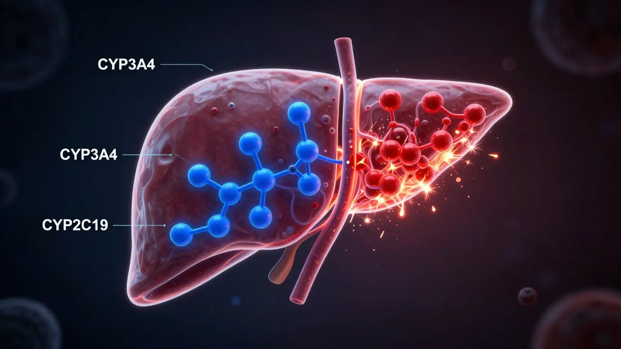 Künstlerische Darstellung einer Leber mit CBD- und Alkohol-Molekülen, die unterschiedlich verarbeitet werden.