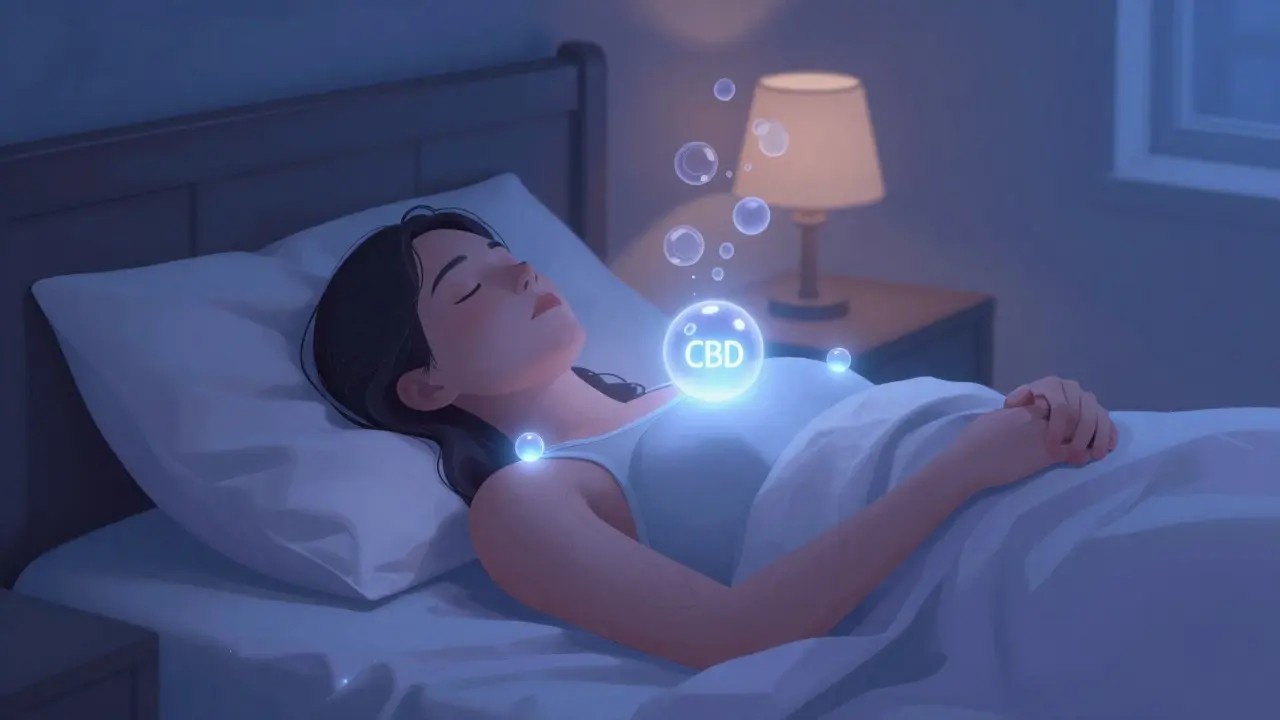 Mensch schläft ruhig nachts, umgeben von beruhigenden Lichtern, die Spannungen lösen.