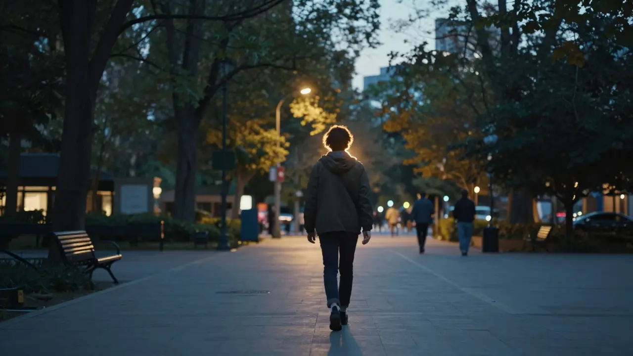 Mensch spaziert friedlich durch einen abendlichen Park, umgeben von einer Aura der Entspannung.
