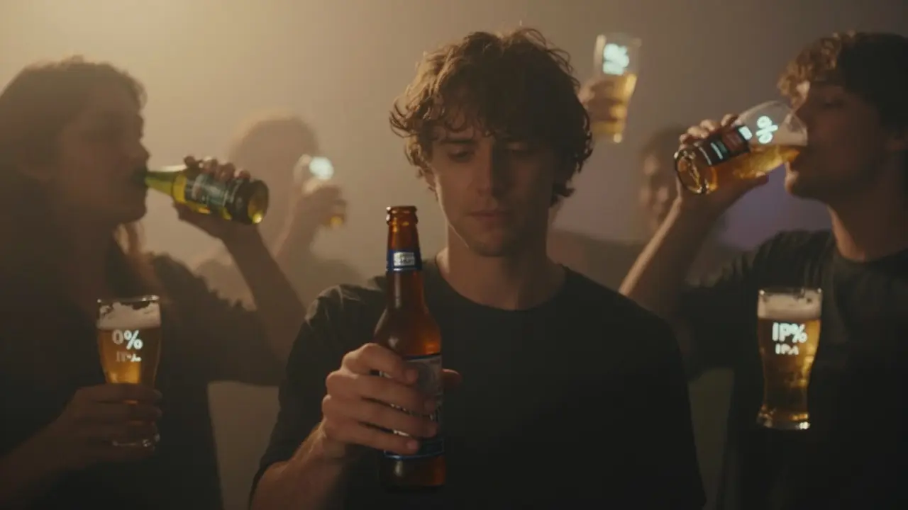 Person mit Bud Light auf einer Party, umgeben von verschwommenen Silhouetten anderer Biere in warmem Licht.