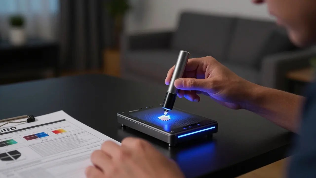 Person verwendet elektrischen Dabber, um eine kleine Menge CBD-Shatter zu vernebeln.