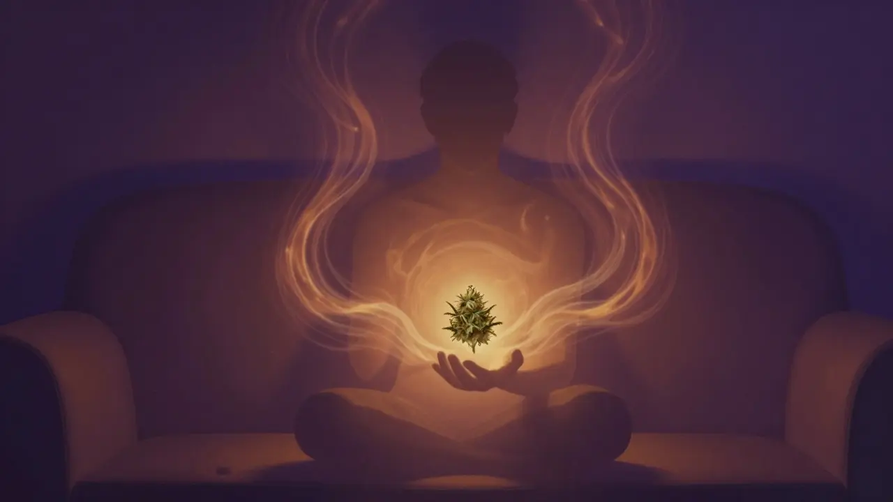 Schlafende Silhouette, umgeben von warmen Energiewellen, die Entspannung durch Gorilla Glue #4 symbolisieren