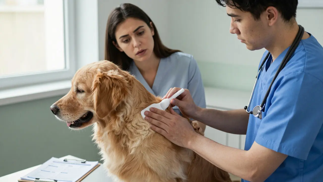 Tierarzt trägt CBD-Salbe auf das Hüftgelenk eines Hundes mit Arthritis auf, Besitzer beobachtet besorgt.