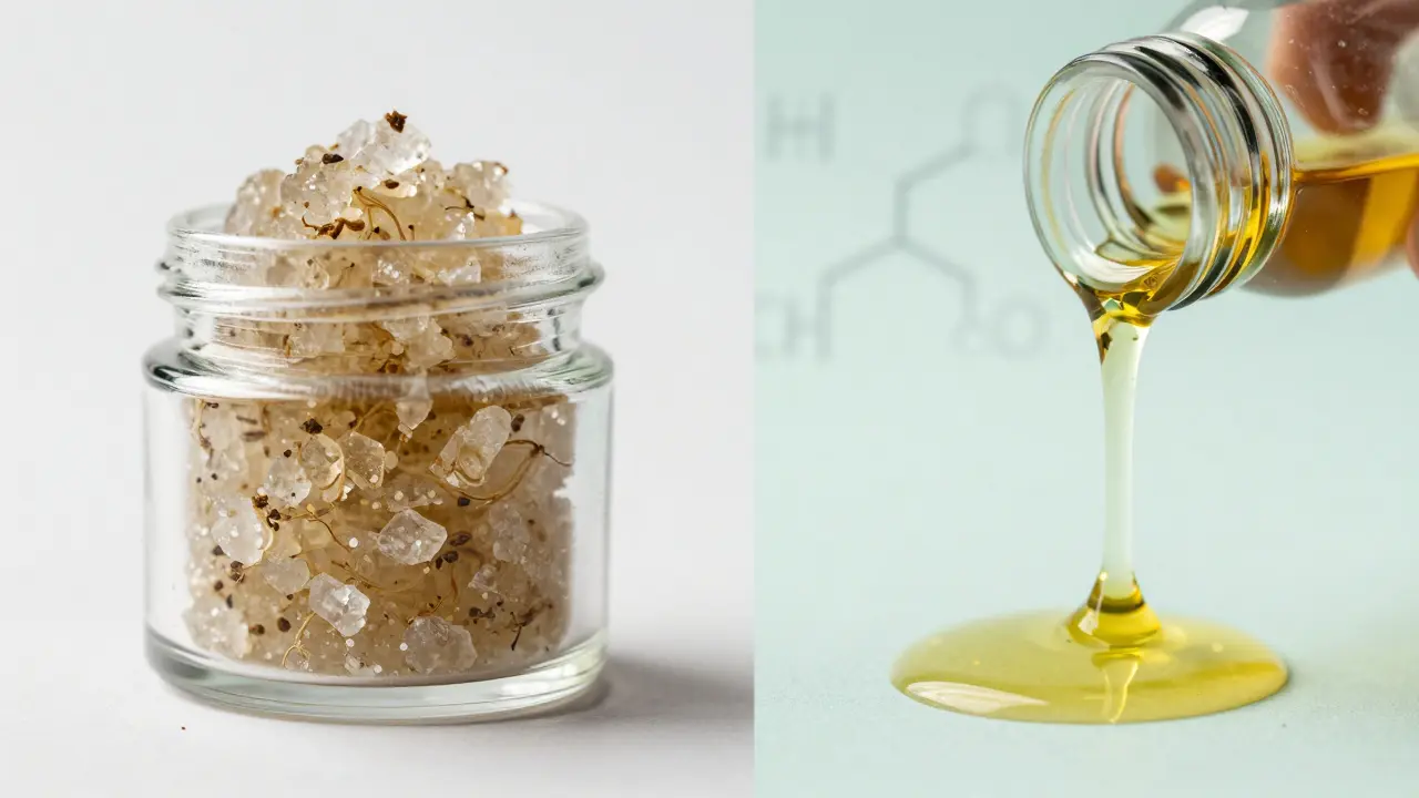 Vergleich: reiner CBD-Shatter links, CBD-Kartusche mit Chemie und Auslaufen rechts.