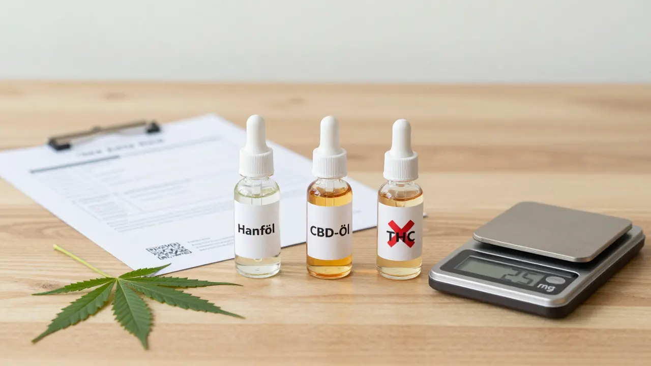 Vergleich von Hanföl, CBD-Öl und THC mit Laborzertifikat auf Holztisch.